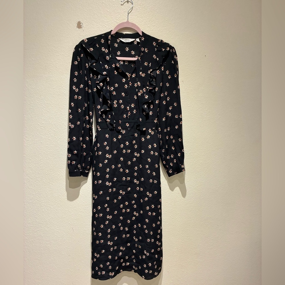 & Other Stories Women’s black floral midi dress with ruffles neck ties Size 2